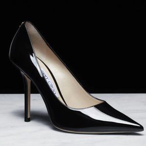 JIMMY CHOO Black Patent Leather Pointed-Toe Pumps with JC Emblem LOVE 100
